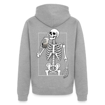 Bubble Tea Pause mit Skelett - Unisex Premium Bio Zip Hoodie - Grau meliert - Hinten - Nico (187cm)