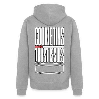 Keksdose – Cookie Tins Have Trust Issues - Unisex Premium Bio Zip Hoodie - Grau meliert - Hinten - Nico (187cm)
