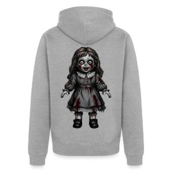 Gruselige Horror Puppe Halloween Geschenk  - Unisex Premium Bio Zip Hoodie - Grau meliert - Hinten - Nico (187cm)
