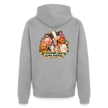 Freunde sind keine Zutaten  - Unisex Premium Bio Zip Hoodie - Grau meliert - Hinten - Nico (187cm)