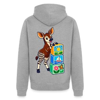 Fröhliches Okapi mit bunten Bilderwürfeln - Unisex Premium Bio Zip Hoodie - Grau meliert - Hinten - Nico (187cm)