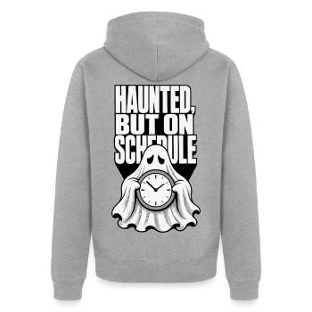Geist mit Uhr – Haunted, But on Schedule - Unisex Premium Bio Zip Hoodie - Grau meliert - Hinten - Nico (187cm)