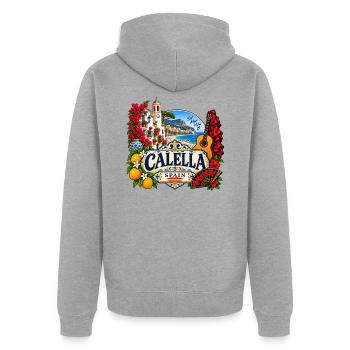 Calella – Sol, Mar & Vida - Unisex Premium Bio Zip Hoodie - Grau meliert - Hinten - Nico (187cm)
