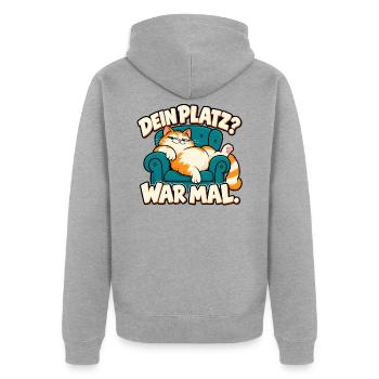 Dein Platz? War mal. – Freche Katze im Sessel - Unisex Premium Bio Zip Hoodie - Grau meliert - Hinten - Nico (187cm)