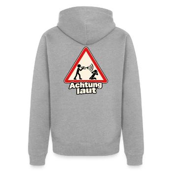 Achtung laut – Trompeter als Warnschild - Unisex Premium Bio Zip Hoodie - Grau meliert - Hinten - Nico (187cm)