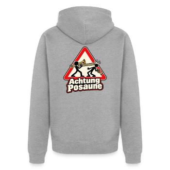 Achtung Posaune – Warnschild mit Musikerhumor - Unisex Premium Bio Zip Hoodie - Grau meliert - Hinten - Nico (187cm)