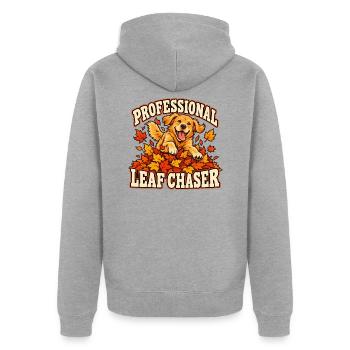 Professional Leaf Chaser – Herbst-Hundemotiv - Unisex Premium Bio Zip Hoodie - Grau meliert - Hinten - Nico (187cm)