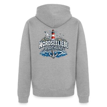 Nordsee Liebe Rostet Nicht Leuchtturm - Unisex Premium Bio Zip Hoodie - Grau meliert - Hinten - Nico (187cm)