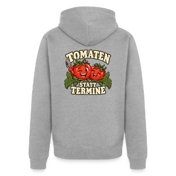 Tomaten statt Termine - Unisex Premium Bio Zip Hoodie - Grau meliert - Hinten - Nico (187cm)