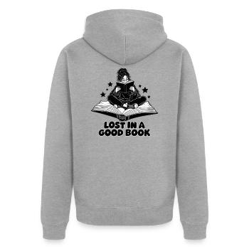 Verloren in einem guten Buch – Reader on a Flying Book - Unisex Premium Bio Zip Hoodie - Grau meliert - Hinten - Nico (187cm)