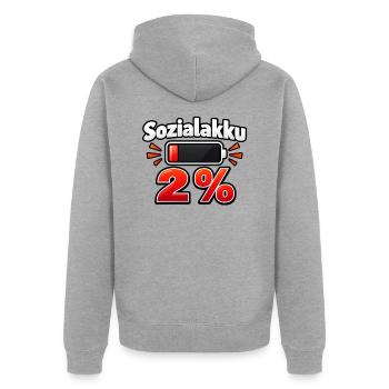 Sozialakku 2 % – Batterie fast leer - Unisex Premium Bio Zip Hoodie - Grau meliert - Hinten - Nico (187cm)