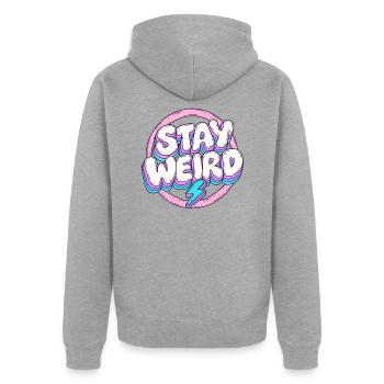 Stay Weird Pastell-Schriftzug mit Blitz - Unisex Premium Bio Zip Hoodie - Grau meliert - Hinten - Nico (187cm)
