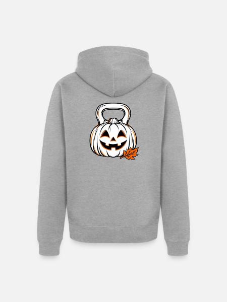 Kürbis Kettlebell Halloween Fitness - Unisex Premium Bio Zip Hoodie - Grau meliert