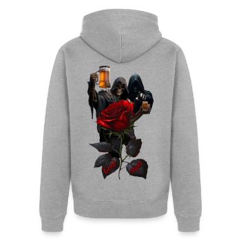 Sensenmann-Rosenbraunacht - Unisex Premium Bio Zip Hoodie - Grau meliert - Hinten - Nico (187cm)