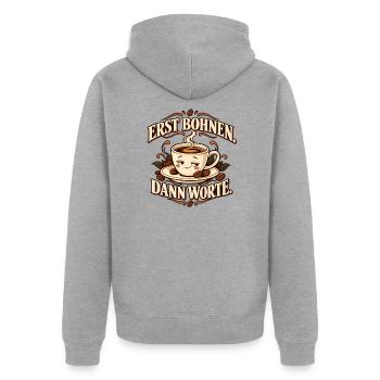 Erst Bohnen, dann Worte – Kaffee - Unisex Premium Bio Zip Hoodie - Grau meliert - Hinten - Nico (187cm)