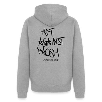 Art against Racism  - Unisex Premium Bio Zip Hoodie - Grau meliert - Hinten - Nico (187cm)