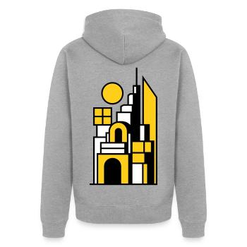 Abstraktes Stadtbild in Gelb Schwarz - Unisex Premium Bio Zip Hoodie - Grau meliert - Hinten - Nico (187cm)