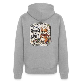 Angetrieben von Corgi-Attitüde und Trotz lustiger Hund - Unisex Premium Bio Zip Hoodie - Grau meliert - Hinten - Nico (187cm)