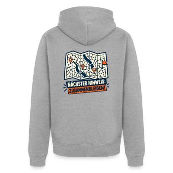 JGA-Schnitzeljagd – Nächster Hinweis - Unisex Premium Bio Zip Hoodie - Grau meliert - Hinten - Nico (187cm)