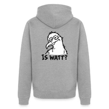 IS WATT? – Misstrauische Möwe - Unisex Premium Bio Zip Hoodie - Grau meliert - Hinten - Nico (187cm)