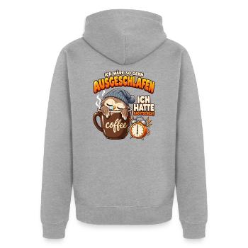 Nachtschicht: Müde Eule mit Kaffee - Unisex Premium Bio Zip Hoodie - Grau meliert - Hinten - Nico (187cm)