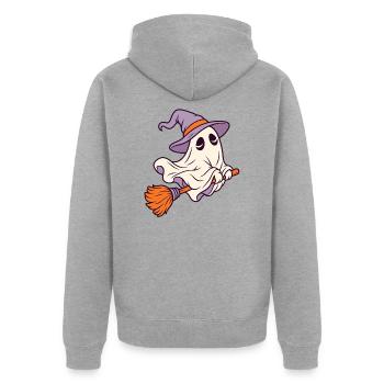 Geist auf Besen mit Hexenhut - Unisex Premium Bio Zip Hoodie - Grau meliert - Hinten - Nico (187cm)