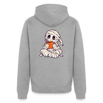 Mumie mit Tee - Unisex Premium Bio Zip Hoodie - Grau meliert - Hinten - Nico (187cm)