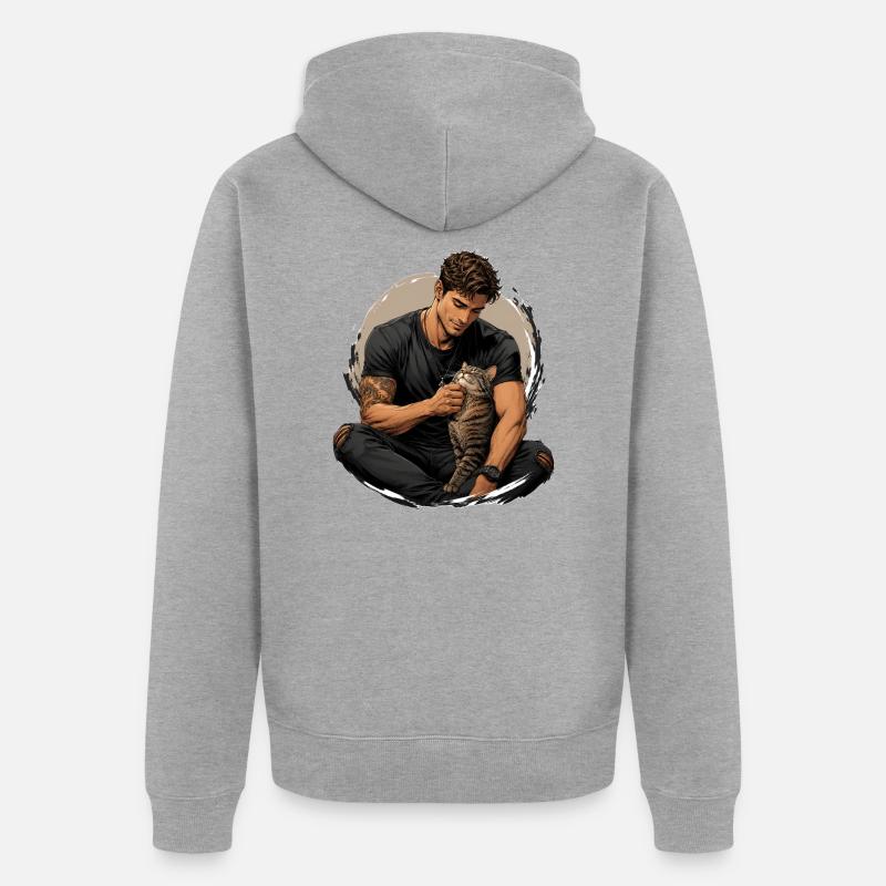 Homme avec chat : proximité silencieuse - Veste à capuche bio Premium Unisexe - gris chiné
