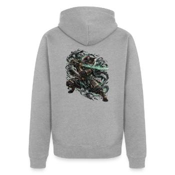 Samurai Cat Shadowfang – Epische Schatten Katze - Unisex Premium Bio Zip Hoodie - Grau meliert - Hinten - Nico (187cm)
