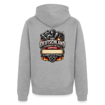 Meine Heimat Deutschland (Ortsname einfügen!) - Unisex Premium Bio Zip Hoodie - Grau meliert - Hinten - Nico (187cm)
