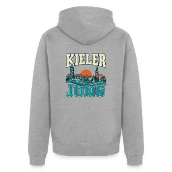 Kieler Jung - Maritime Skyline von Kiel - Unisex Premium Bio Zip Hoodie - Grau meliert - Hinten - Nico (187cm)