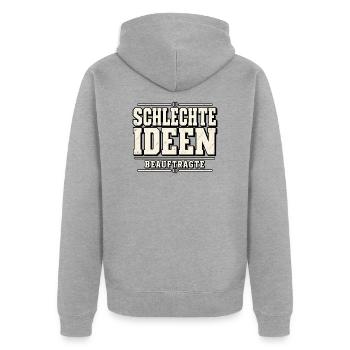 Schlechte Ideen Beauftragte – Polterabend - Unisex Premium Bio Zip Hoodie - Grau meliert - Hinten - Nico (187cm)