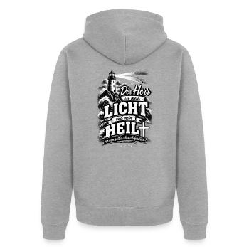 Der Herr ist mein Licht und mein Heil – Psalm 27,1 - Unisex Premium Bio Zip Hoodie - Grau meliert - Hinten - Nico (187cm)