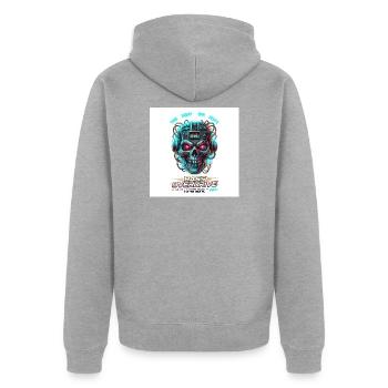 Bass Overdrive // 150 BPM Cyberpunk Skull - Unisex Premium Bio Zip Hoodie - Grau meliert - Hinten - Nico (187cm)