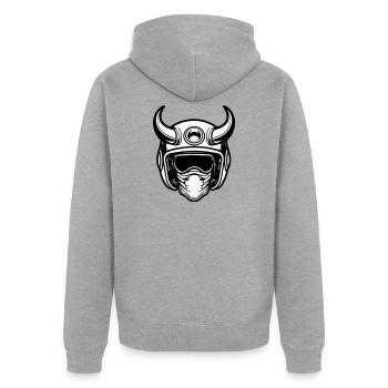 Retro Motocross Motorradhelm mit zwei Hörnern - Unisex Premium Bio Zip Hoodie - Grau meliert - Hinten - Nico (187cm)