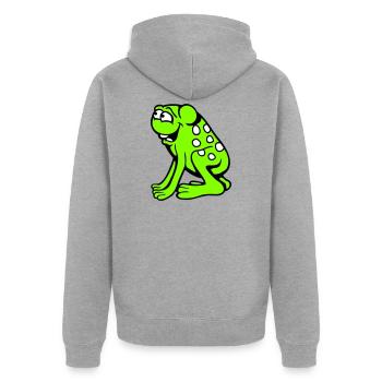 Frosch Kröte lacht lustig albern frech sitzt Comic - Unisex Premium Bio Zip Hoodie - Grau meliert - Hinten - Nico (187cm)