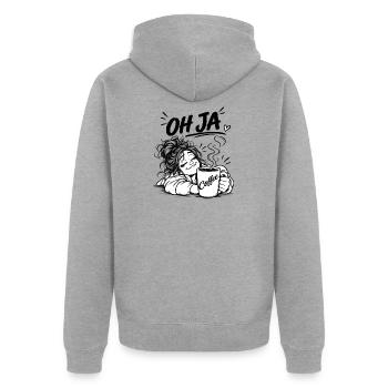 Kaffee Oh Ja Cartoon - Unisex Premium Bio Zip Hoodie - Grau meliert - Hinten - Nico (187cm)