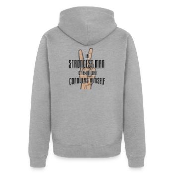 Stärkster Mann: Sich selbst besiegen! - Unisex Premium Bio Zip Hoodie - Grau meliert - Hinten - Nico (187cm)