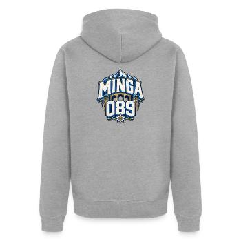Minga 089 – München Alpen und Stadtsilhouette - Unisex Premium Bio Zip Hoodie - Grau meliert - Hinten - Nico (187cm)