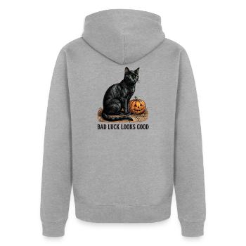 Bad Luck Looks Good Schwarze Katze - Unisex Premium Bio Zip Hoodie - Grau meliert - Hinten - Nico (187cm)