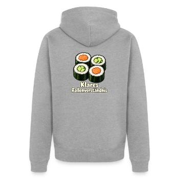 Klares Rollenverständnis - Unisex Premium Bio Zip Hoodie - Grau meliert - Hinten - Nico (187cm)