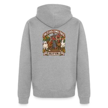 Flock Comes First: Meine Hühner essen zuerst - Unisex Premium Bio Zip Hoodie - Grau meliert - Hinten - Nico (187cm)