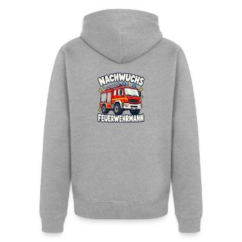 Nachwuchs Feuerwehrmann mit Feuerwehrauto - Unisex Premium Bio Zip Hoodie - Grau meliert - Hinten - Nico (187cm)