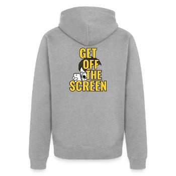 Runter vom Bildschirm - Unisex Premium Bio Zip Hoodie - Grau meliert - Hinten - Nico (187cm)