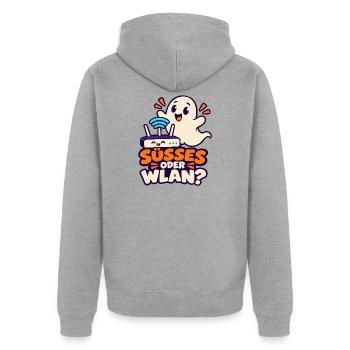 Halloween-Geist – Süßes oder WLAN? - Unisex Premium Bio Zip Hoodie - Grau meliert - Hinten - Nico (187cm)
