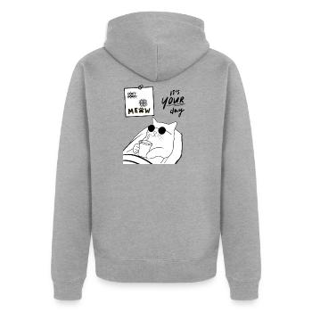 Dein Miautag: Entspann dich bei der Katze - Unisex Premium Bio Zip Hoodie - Grau meliert - Hinten - Nico (187cm)