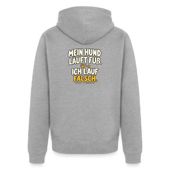 Mein Hund läuft Fuß – Ich lauf falsch - Unisex Premium Bio Zip Hoodie - Grau meliert - Hinten - Nico (187cm)