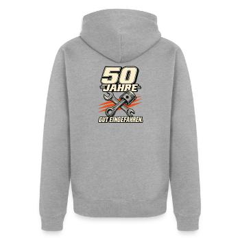 50 Jahre Gut Eingefahren Mechanik - Unisex Premium Bio Zip Hoodie - Grau meliert - Hinten - Nico (187cm)