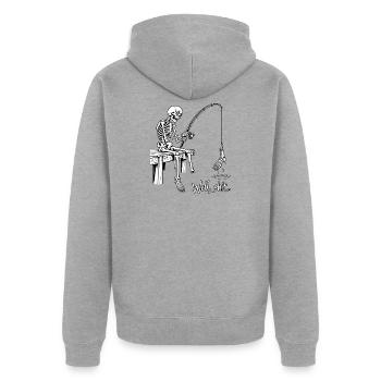 Tja, Scheiße, Skelettangeln, Hakenfuß, Dunkler Humor - Unisex Premium Bio Zip Hoodie - Grau meliert - Hinten - Nico (187cm)