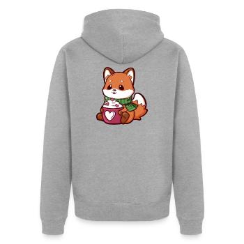 Renard câlin avec une tasse et une écharpe en forme de cœur - Veste à capuche bio Premium Unisexe - gris chiné - Dos - Nico (187cm)